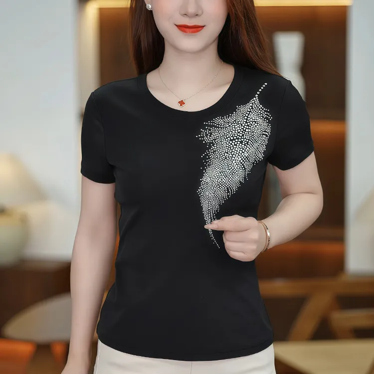 短袖T恤女夏装新款圆领网纱烫钻洋气纱衣小衫纯色百搭女士上衣