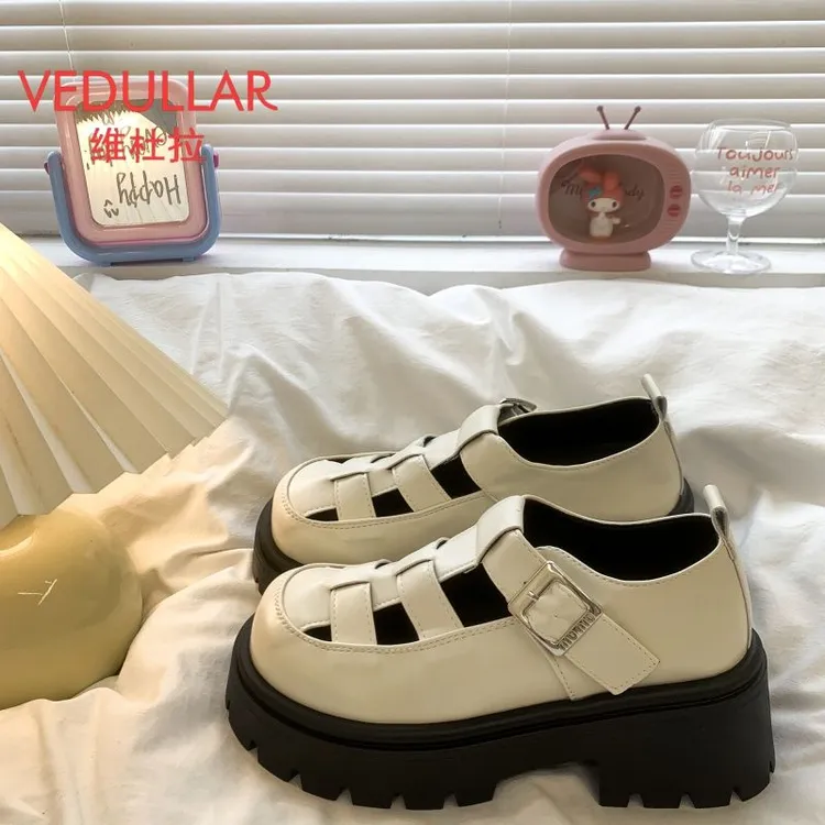 维杜拉镂空罗马凉鞋女2024夏季新款松糕厚底包头猪笼鞋英伦小皮鞋