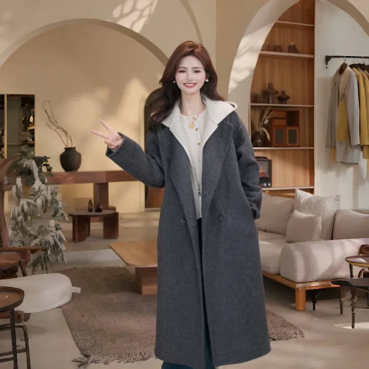 韩版秋冬新款时尚宽松中长款毛呢两件套