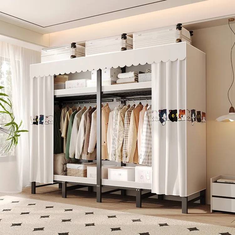 简易衣柜家用卧室免安装落地挂衣架出租专房用折叠加粗金属布衣柜