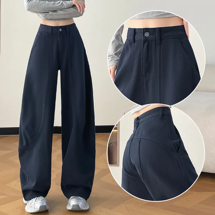 蜜蜜穿搭加绒加厚藏蓝色弯刀阔腿牛仔裤女2025冬季超火镰刀哈伦裤