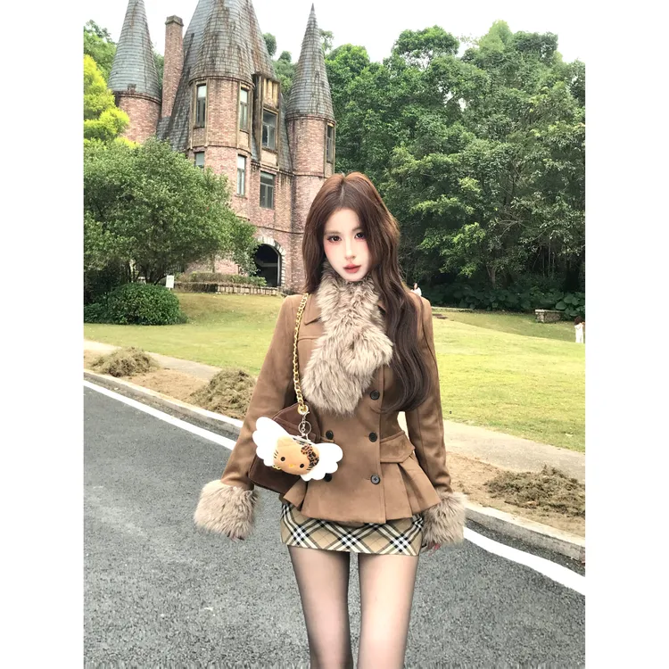 Mejiu蜜九【英伦棕漫】英伦风甜美收腰设计感秋冬纯欲小众撞色套装