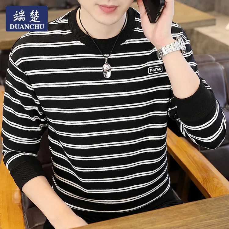 条纹百搭长袖秋季圆领休闲上衣韩版中青年帅气卫衣2025新款打底衫