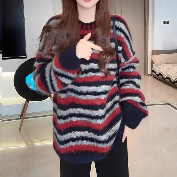 韩版时髦条纹撞色圆领设计针织衫女2025冬季新款宽松显瘦大码毛衣