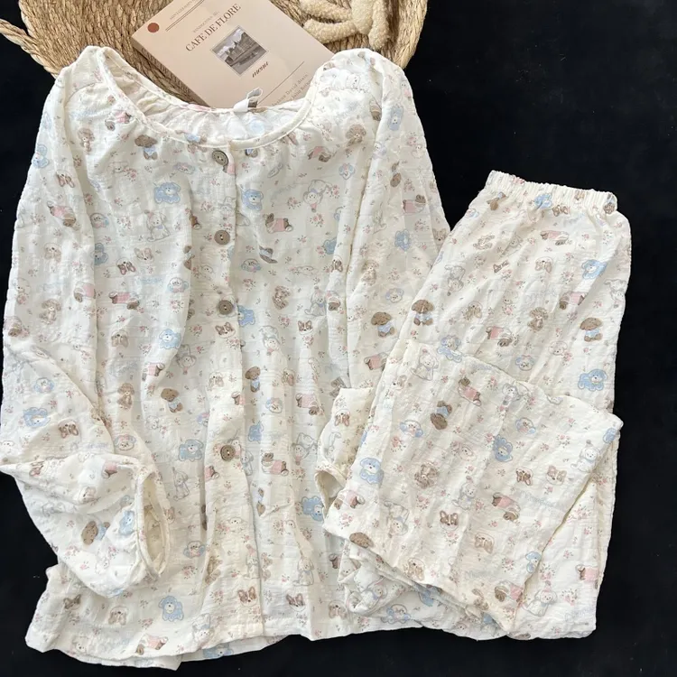 长袖长裤·萌系少女睡衣新款春夏秋薄款带胸垫甜美圆领家居服套装