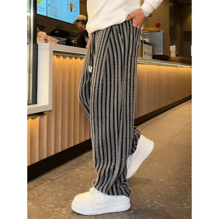 YULE语乐 13021/13018双面加绒彩织条纹毛呢休闲裤重磅褶位阔腿裤