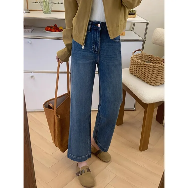 蓝色直筒牛仔裤女秋季新款大码胖妹妹梨形身材高腰显瘦百搭裤子