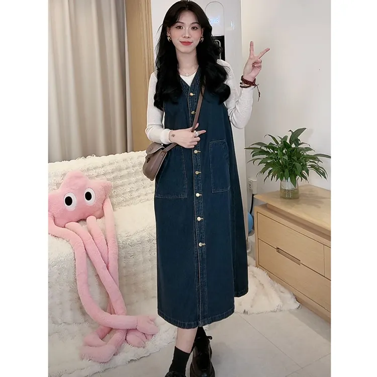 2025新款无袖牛仔背心连衣裙春秋季背带女长裙子宽松马甲韩版套装