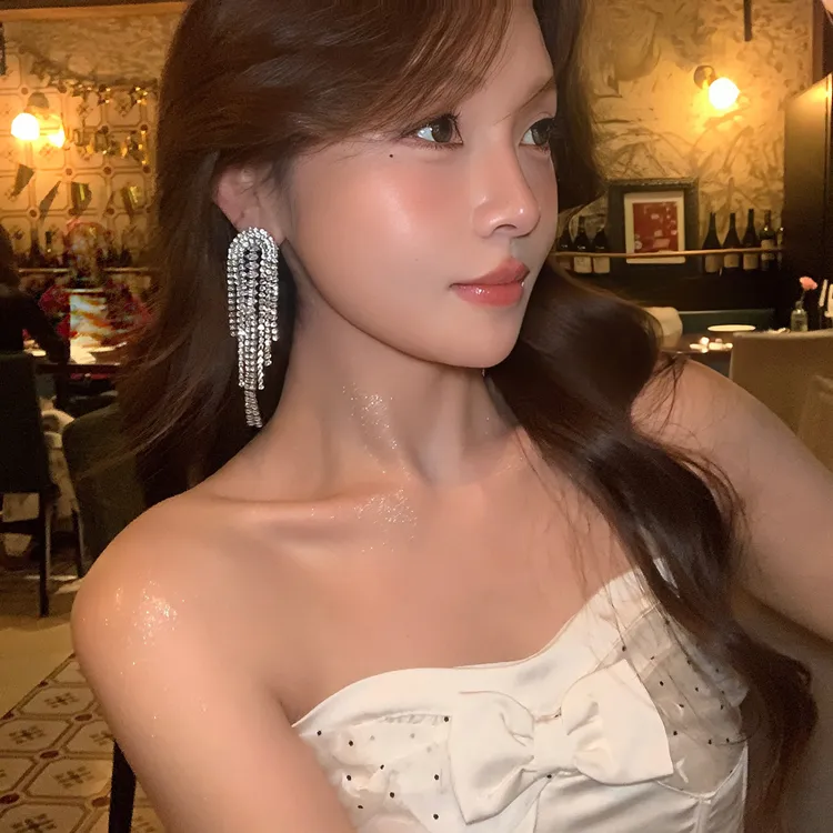 铁合金无非金属耳饰 满钻流苏耳环轻奢高级夸张气质晚礼服耳饰