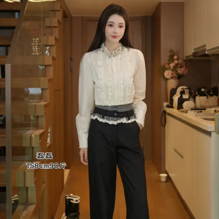 【磊磊分享】镶钻衬衫➕双腰头格纹裤#8826#8878