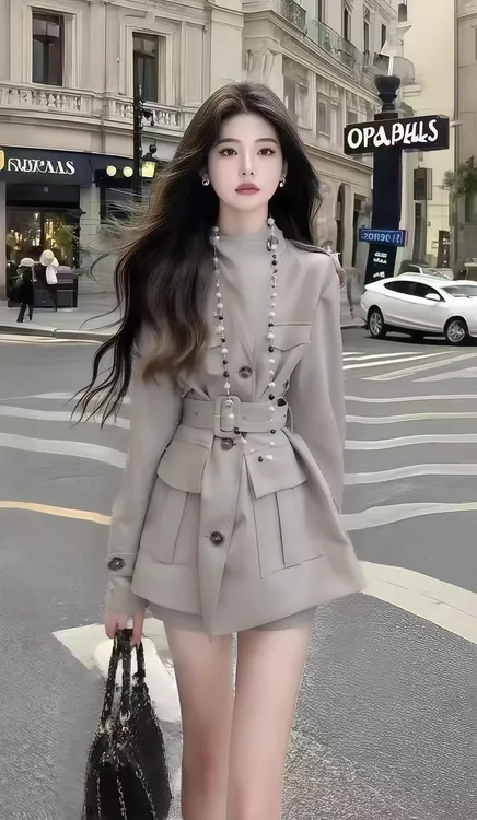 秋季新款时尚灰色圆领收腰系带不规则百搭单排扣外套设计感女装