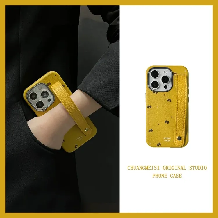 黄色皮纹蝴蝶结手腕带适用苹果16promax手机壳iPhone15pro防摔14