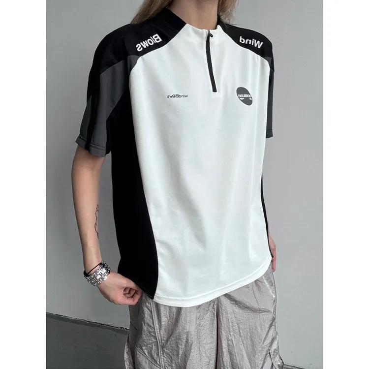 黑白撞色半拉链凉感速干短袖男夏季美式运动防晒训练服球衣风T恤