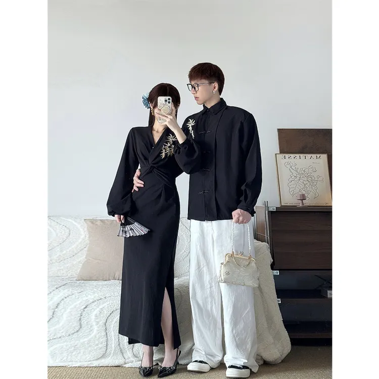 新中式情侣装春秋季小众设计感长袖衬衫男女连衣裙法式一裙一衣潮