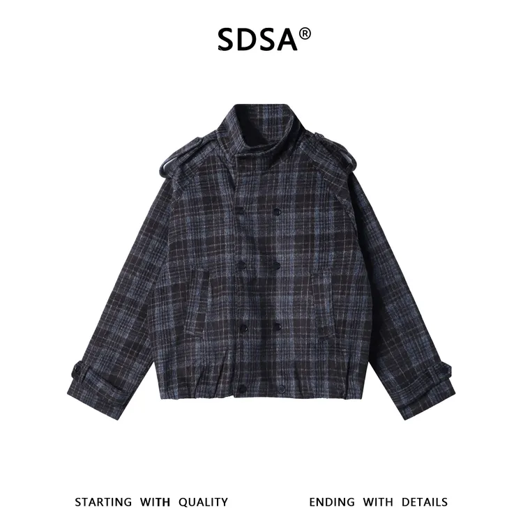 SDSA男士秋冬新款痞帅男装潮牌撞色格纹纽扣立领夹克外套时尚宽松