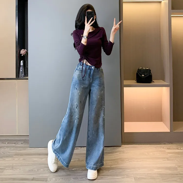 时尚休闲一套穿搭女春秋季显瘦不规则抽绳粉色上衣牛仔裤两件套装