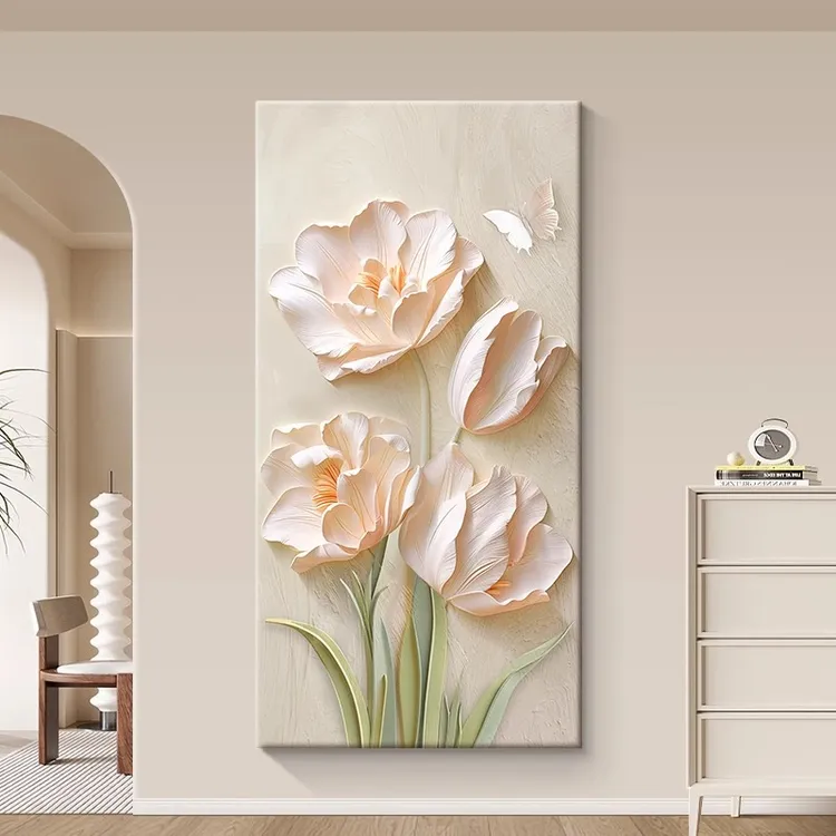 奶油风粉色花卉玄关装饰画大芬村油画走廊过道竖版客厅背景墙挂画