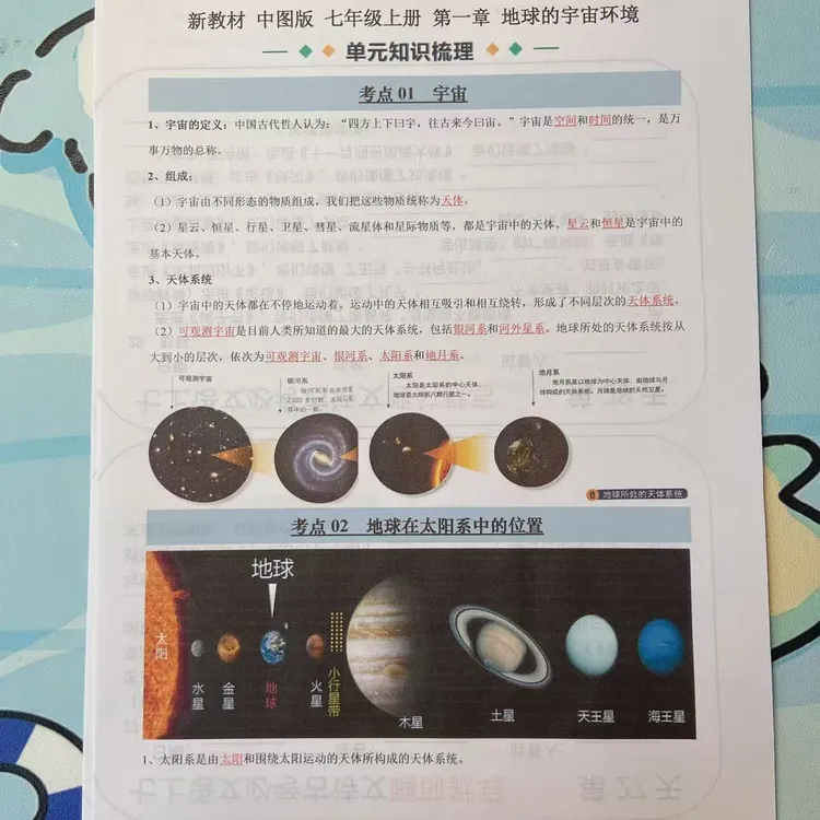 2024新教材 《中图版》 七上册 地理单元考点知识梳理含地球环境版