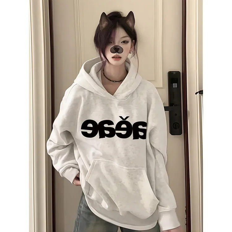 美式复古时尚高街字母印花连帽卫衣女春秋2025新款宽松情侣装外套