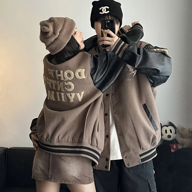 美式高街棒球服情侣装秋冬宽松ins潮牌PU皮拼接休闲百搭夹克外套