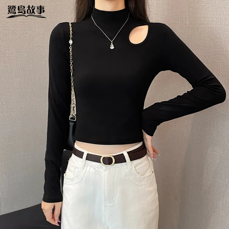 鹭岛故事半高领镂空长袖t恤女春秋百搭修身短款设计打底衫上衣潮