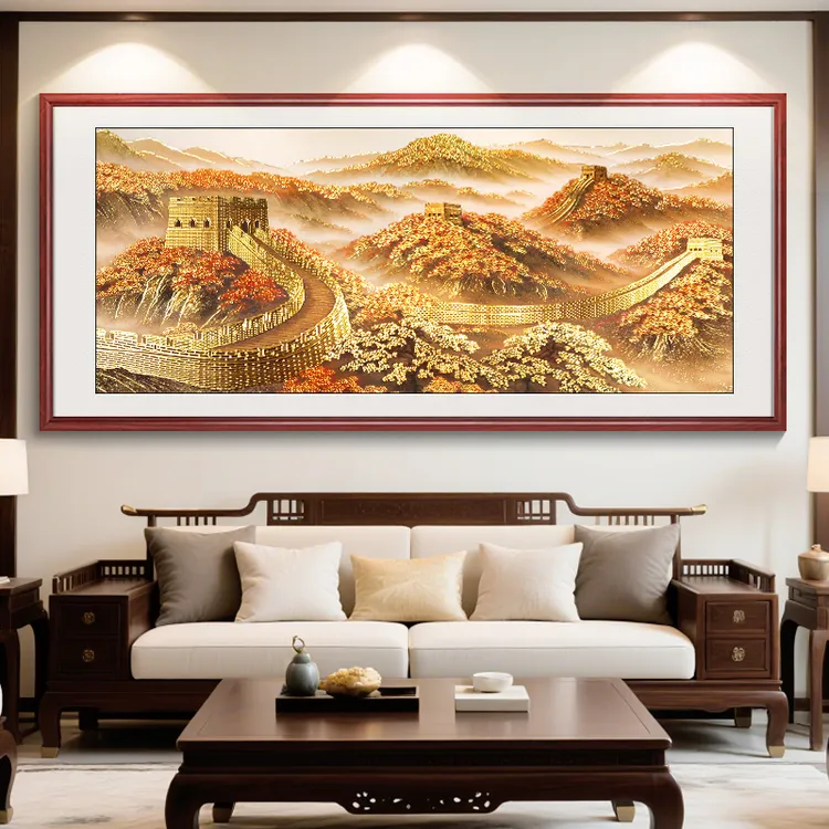 画事未了浮雕描金万里长城新中式客厅装饰画办公室山水喷绘国画