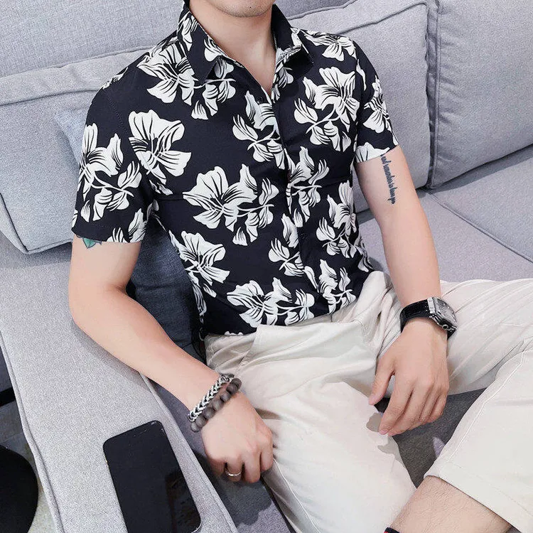 欧洲站短袖衬衫男士夏季新款印花衬衣免烫百搭时尚弹力修身上衣