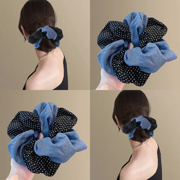 海蓝一色~复古布艺蓝色波点大肠发圈双层高级感丸子发绳旅行发卡
