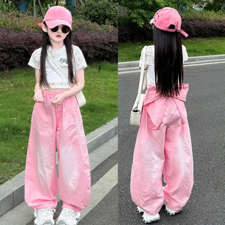 女童夏季薄款背心蕾丝蝴蝶刺绣上衣阔腿裤中大童洋气儿童三件套潮