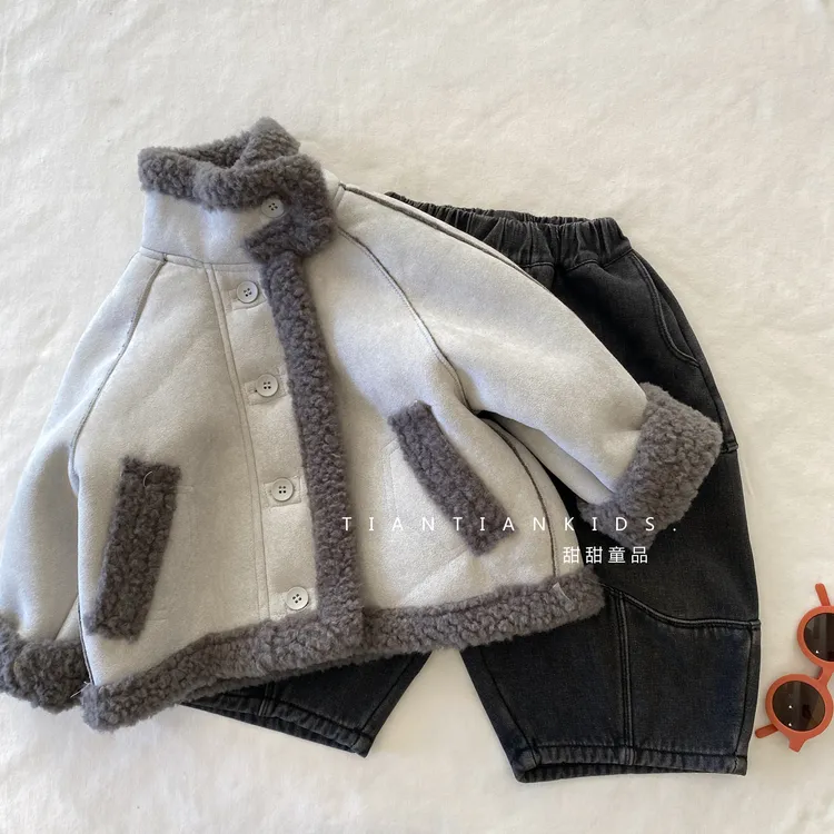 男童外套2025秋冬新款儿童立领皮毛一体外套小童洋气保暖加绒上衣