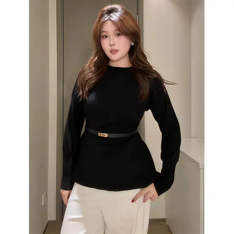 大码法式设计感半高领针织衫女2026春季微胖mm灯笼袖收腰显瘦毛衣