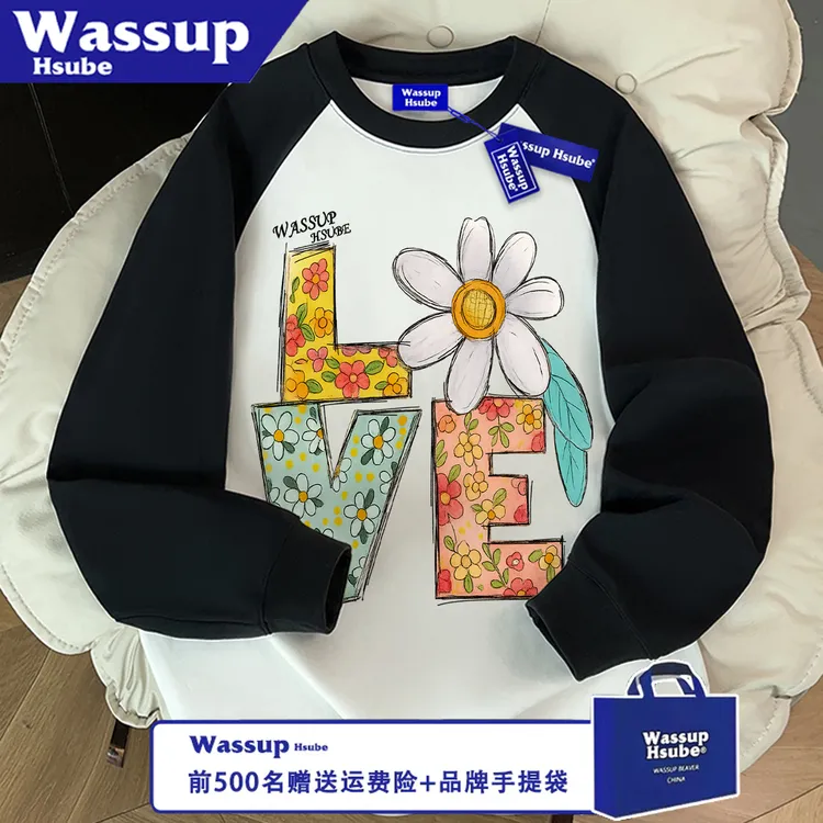 WASSUP HSUBE百搭潮流美式宽松休闲圆领长袖花卉印花秋冬情侣上衣