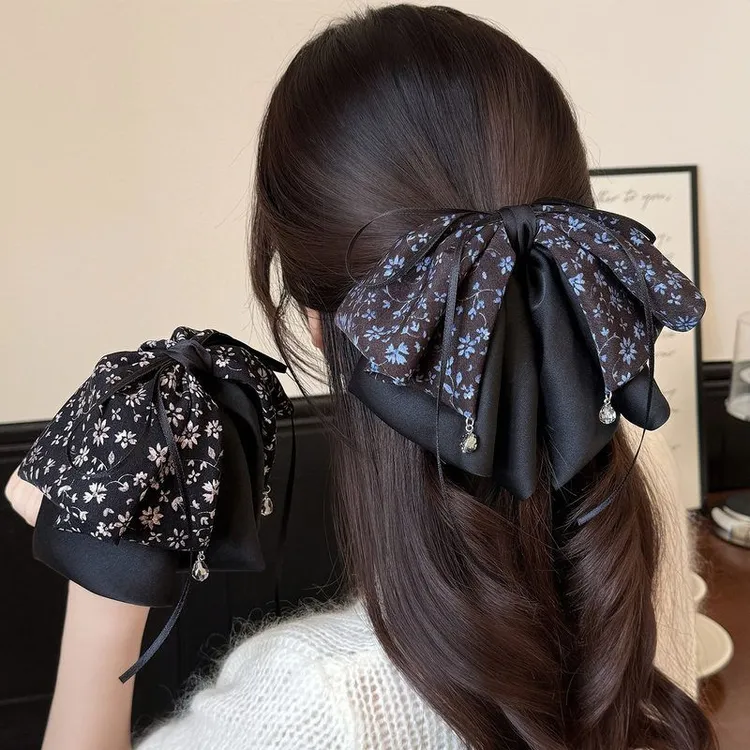 复古秋季网红碎花立体蝴蝶结抓夹显发量鲨鱼夹后脑勺时尚马尾夹女