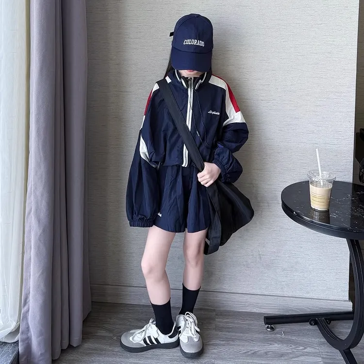 女童夏季防晒衣短裤套装2025儿童时尚拼色运动风遮阳外套裤子夏装