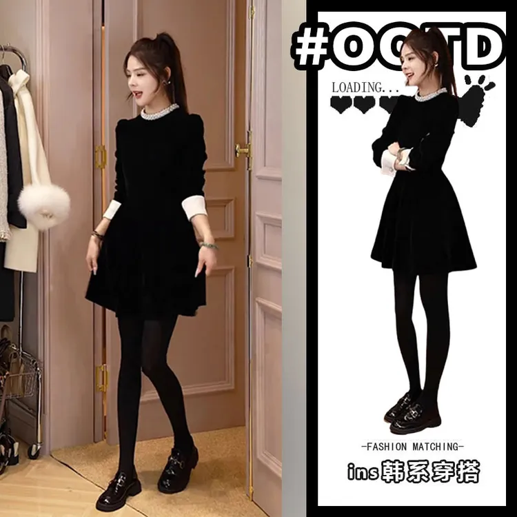 赫本风气质黑色中长款连衣裙女2025秋季新款时尚百搭丝绒A字裙潮