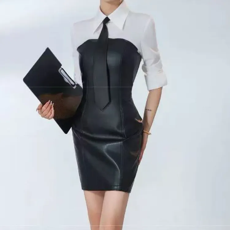 米欧定制【墨白宣言】2025秋季拼接黑色设计感休闲撞色连衣裙配领带