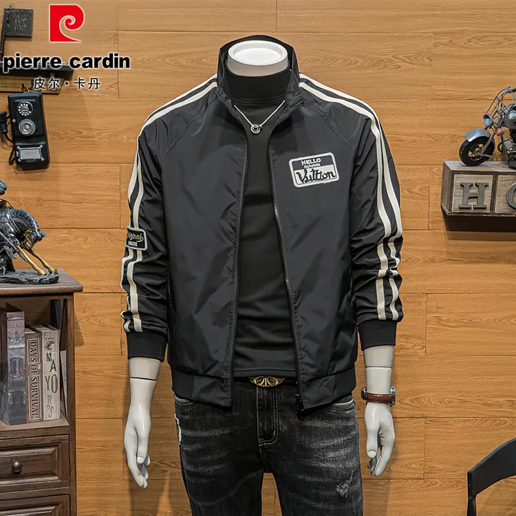 皮尔卡丹欧货新款男士休闲条纹飞行夹克秋季痞帅外套韩版短款时尚