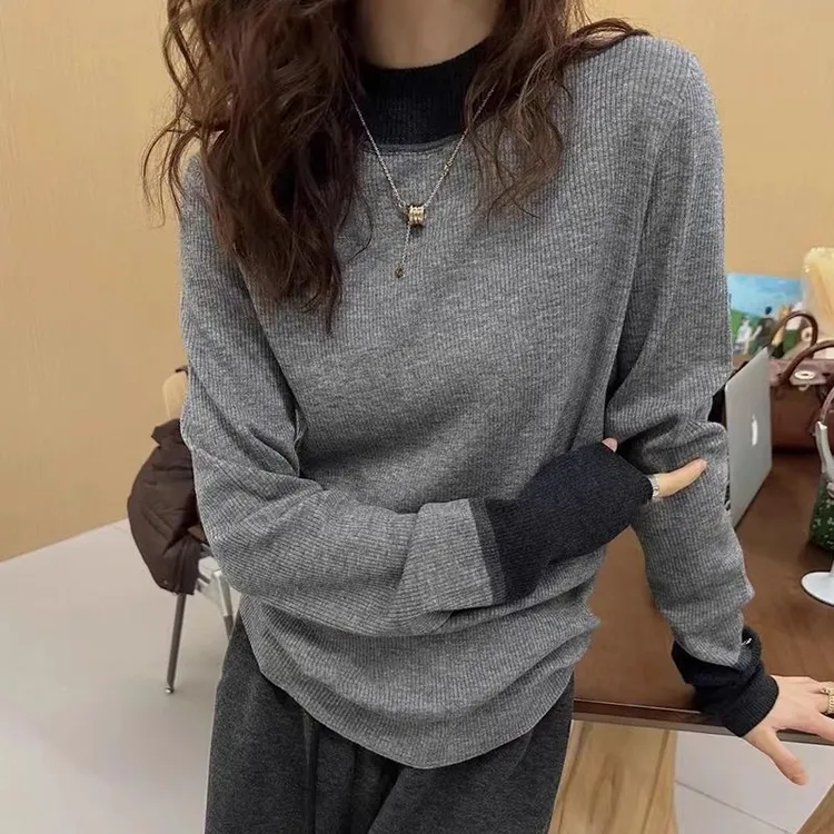大码300斤设计感袖口撞色针织衫女秋季欧货休闲简约长袖打底t恤衫