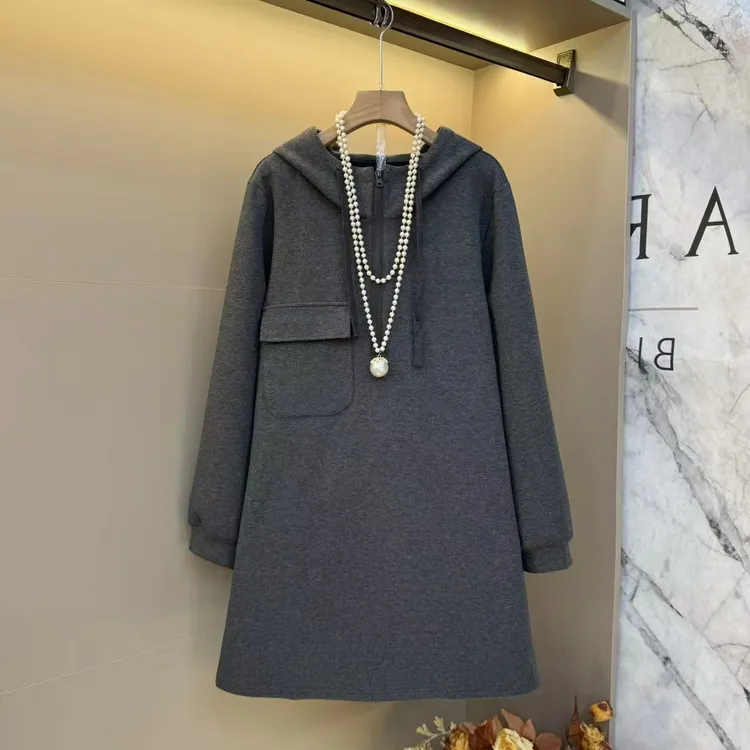 2025新款欧货连帽拉链设计气质时尚休闲洋气显瘦长款卫衣裙2549