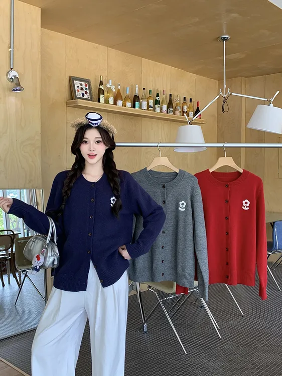 2025秋装胖mm大码女休闲减龄印花花朵针织衫长袖开衫上衣72040