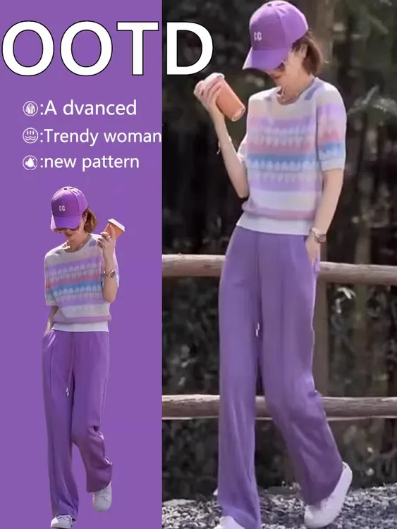 紫色减龄休闲套装女夏季薄款时尚圆领设计感短袖宽松阔腿裤两件套