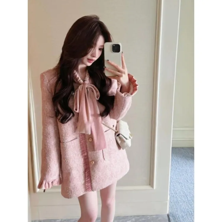 甜美●【私有浪漫】小香风中长款外套气质时尚宽松气质拼接加厚上衣