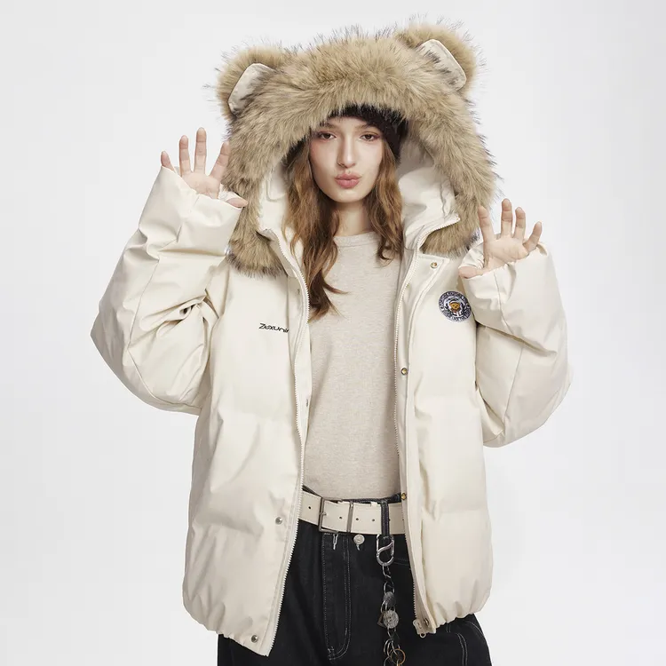 ZEXO小熊耳朵字母徽章刺绣座山雕毛领可拆卸连帽面包棉衣棉服外套