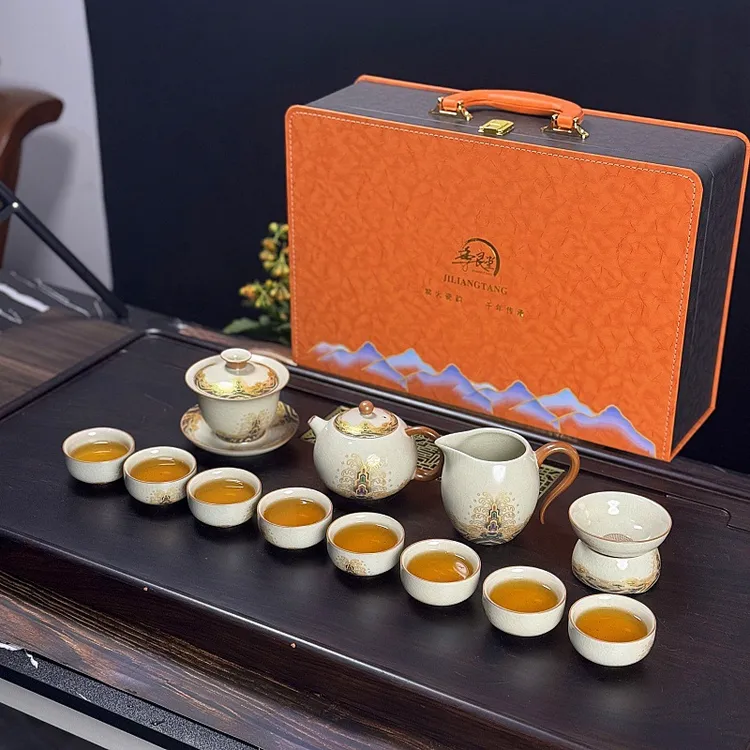 汝窑手工描金茶具套装功夫茶具茶杯茶壶高档黄汝家用泡茶商务送礼