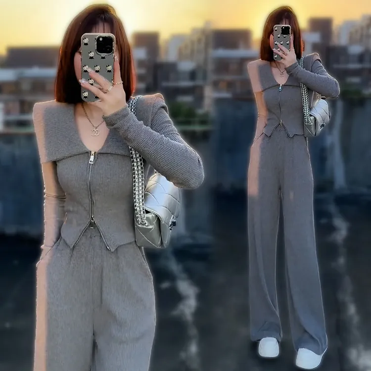 时尚高级感翻领卫衣套装女2025年春秋季新款高腰显瘦阔腿裤两件套