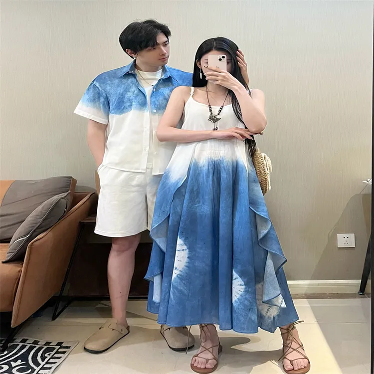 情侣装夏季2025新款短袖衬衫高级感海边度假吊带连衣裙一衣一裙潮