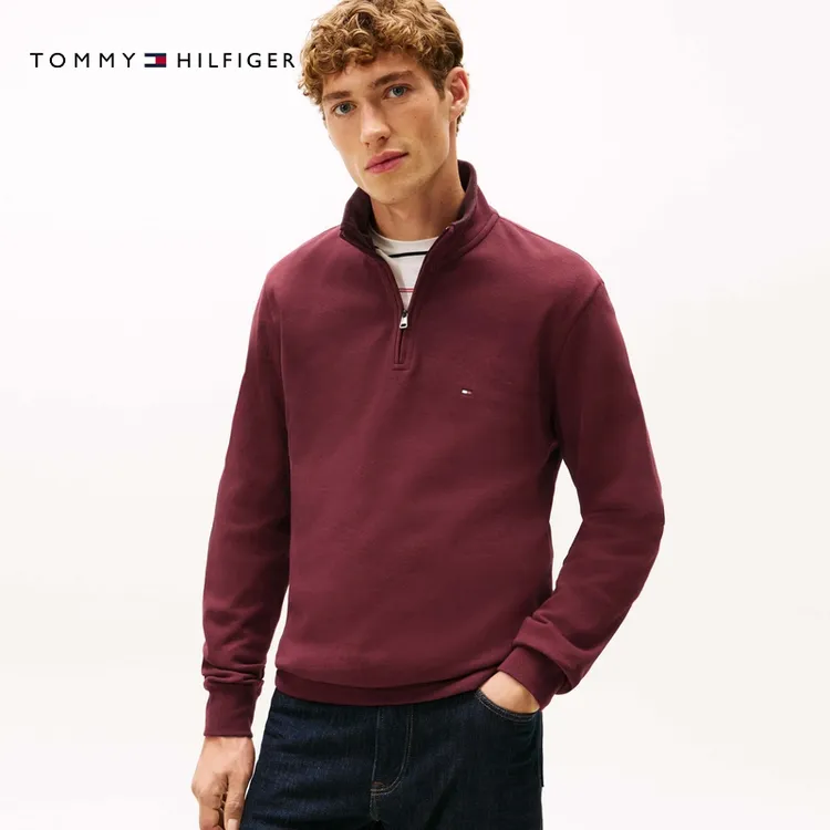 Tommy25秋冬男女纯棉罗纹休闲运动半拉链镶边立领纯色卫衣40042