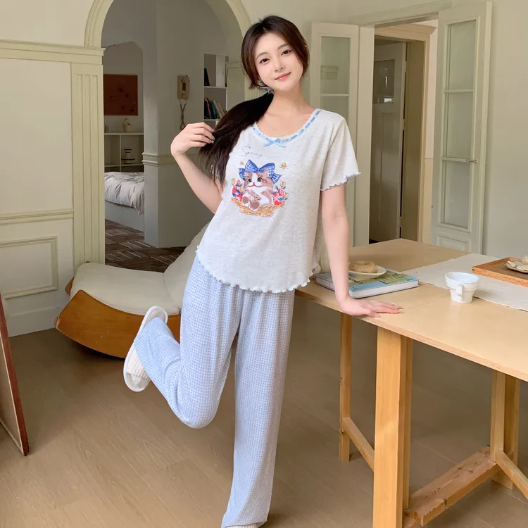 三件套睡衣女款莫代尔夏季甜美卡通2025新款带胸垫少女减龄家居服