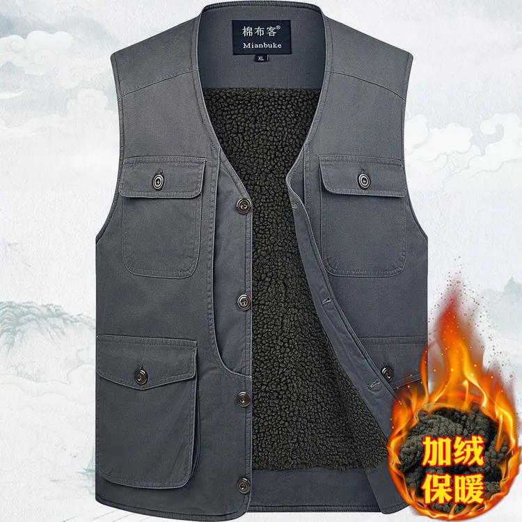 加绒保暖马甲纯棉多口袋中老年男士冬季加厚马夹爸爸坎肩爷爷背心