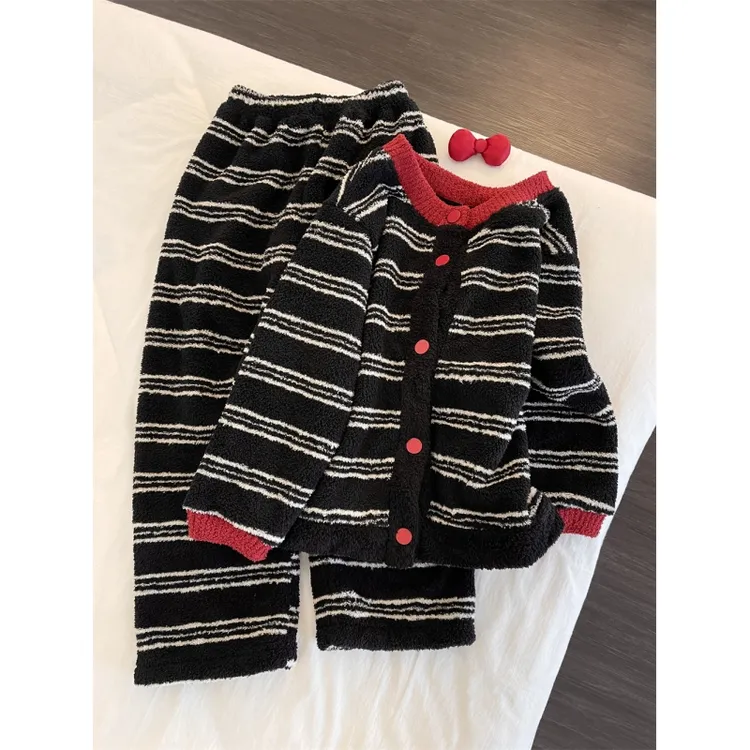 韩系复古条纹撞色设计感针织半边绒睡衣女秋冬新款保暖家居服套装